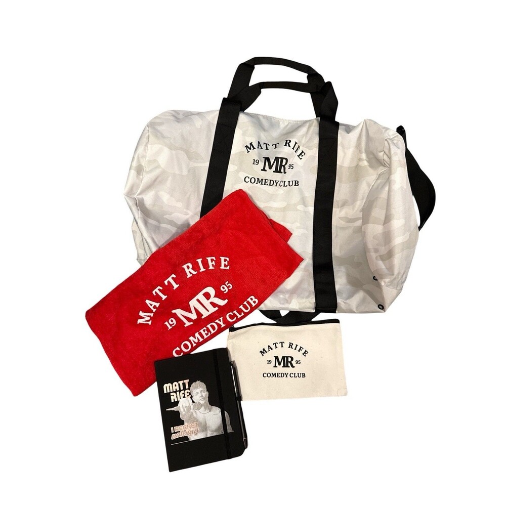 Matt Rife Merch 1995‎ White Camo Duffle Gym Bag Zipper Pouch Towel Notebook Pen